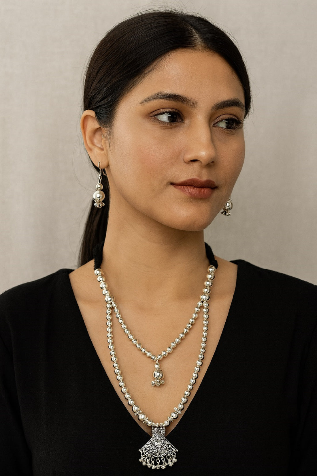 Oxidised Long Double-Layer Necklace with Engraved Pendant & Earrings – Traditional Beaded Jewellery Set