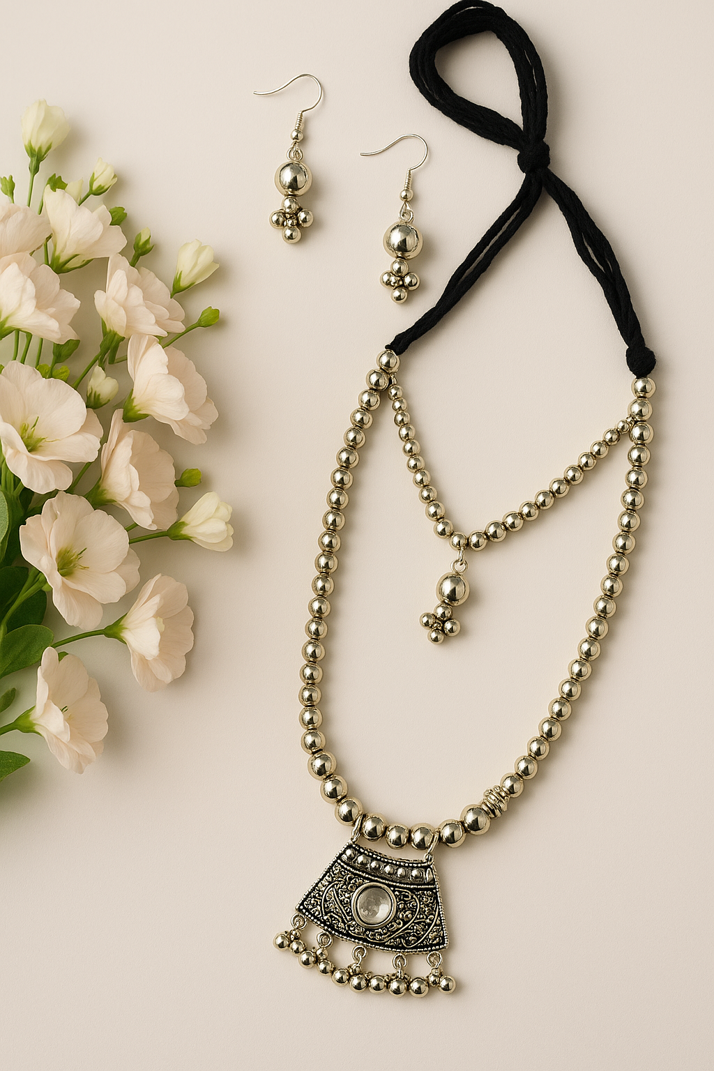 Oxidised Silver Beaded Necklace Set with Antique Square Pendant & Earrings