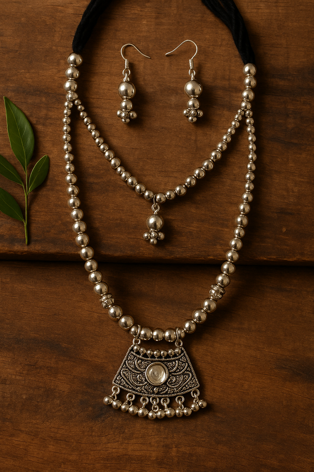 Oxidised Silver Beaded Necklace Set with Antique Square Pendant & Earrings