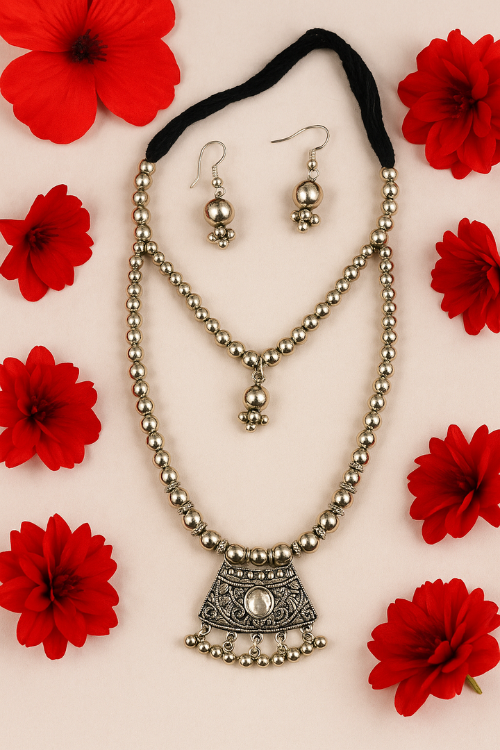 Oxidised Silver Beaded Necklace Set with Antique Square Pendant & Earrings