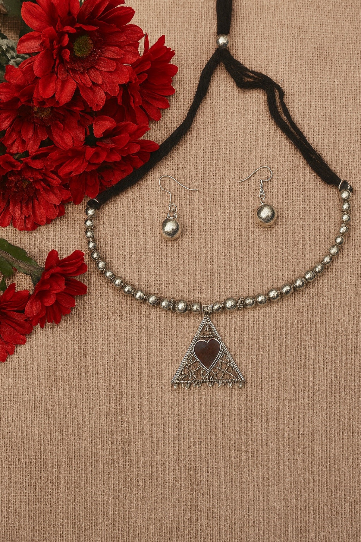 Traditional Beaded Necklace with Triangle Heart Pendant & Matching Earrings – Elegant Oxidised Jewellery Set