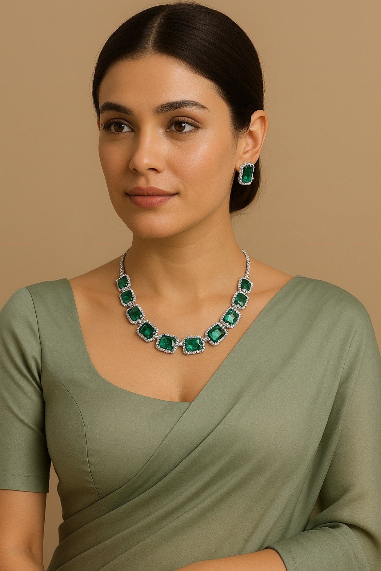 Elegant Green Stone Necklace & Earring Set with Diamond Accents