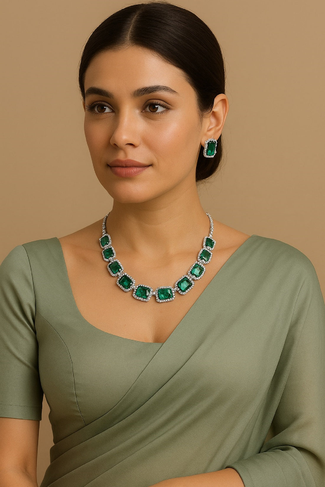Elegant Green Stone Necklace & Earring Set with Diamond Accents