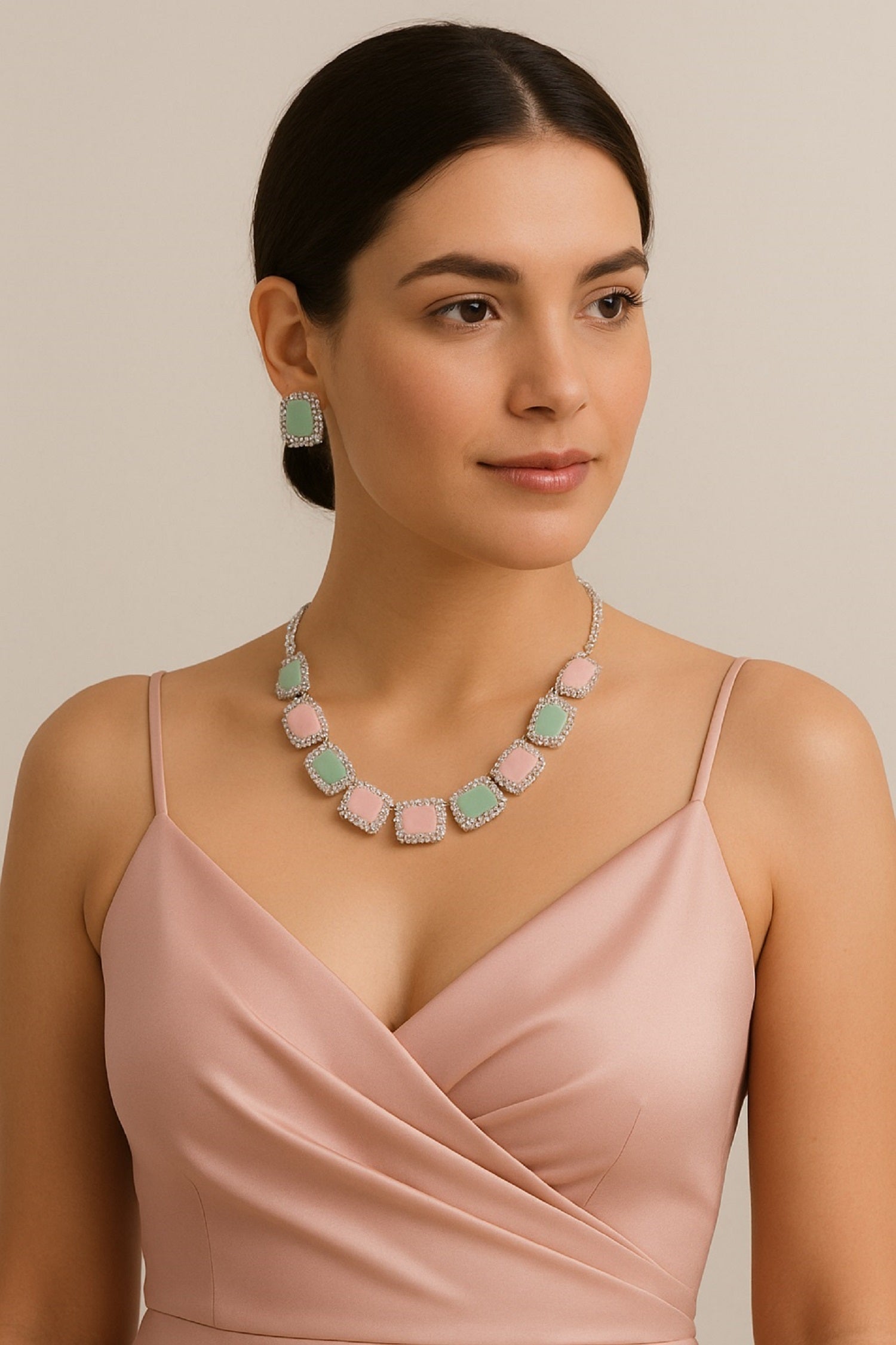 Dual-Tone Pink & Green Stone Necklace with Matching Earrings