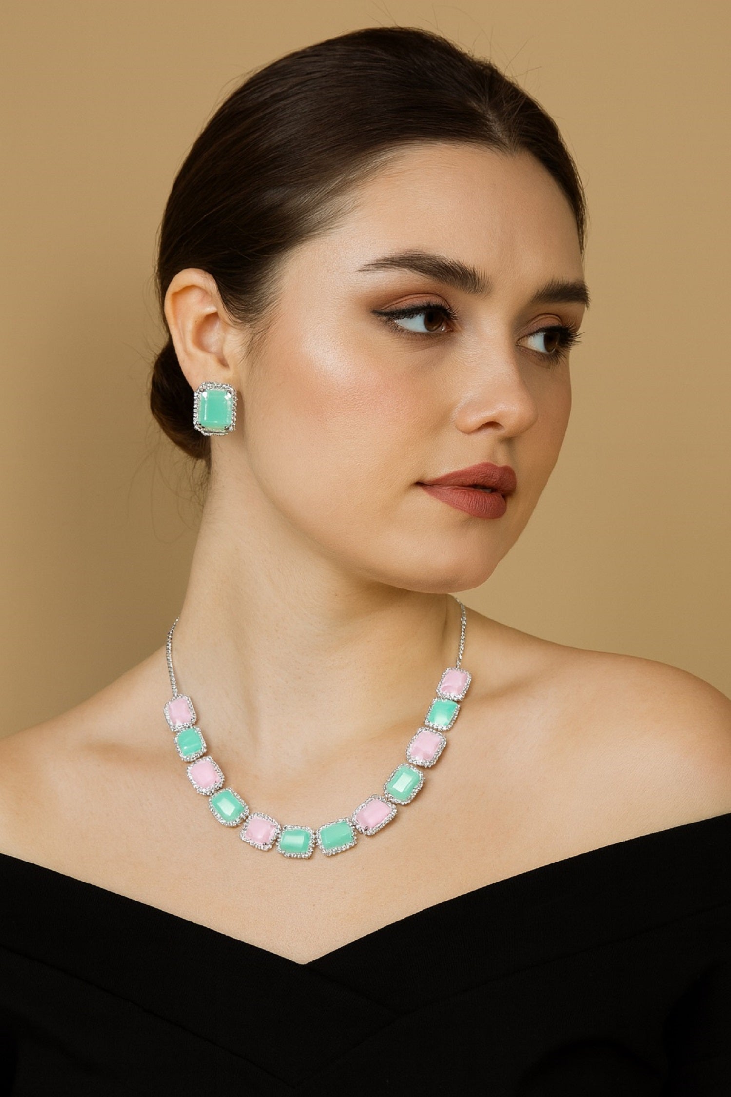 Dual-Tone Pink & Green Stone Necklace with Matching Earrings