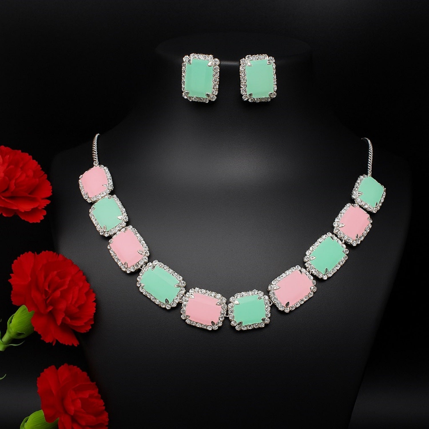 Dual-Tone Pink & Green Stone Necklace with Matching Earrings