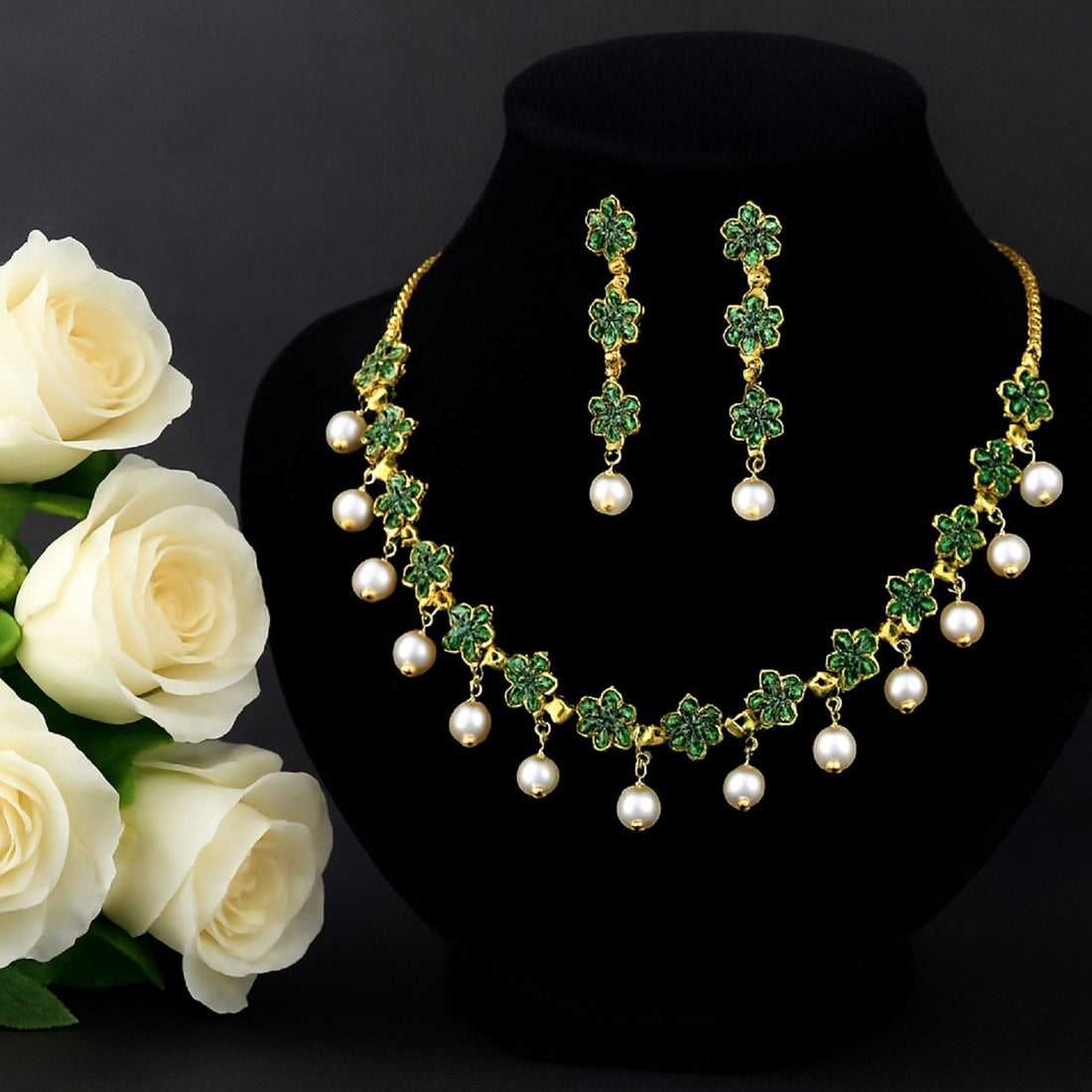 Elegant Gold-Plated Necklace with Green Stones & Pearl Drops – Wedding & Party Jewellery Set with Earrings