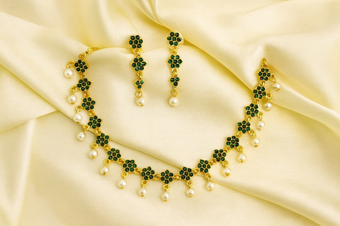 Elegant Gold-Plated Necklace with Green Stones & Pearl Drops – Wedding & Party Jewellery Set with Earrings