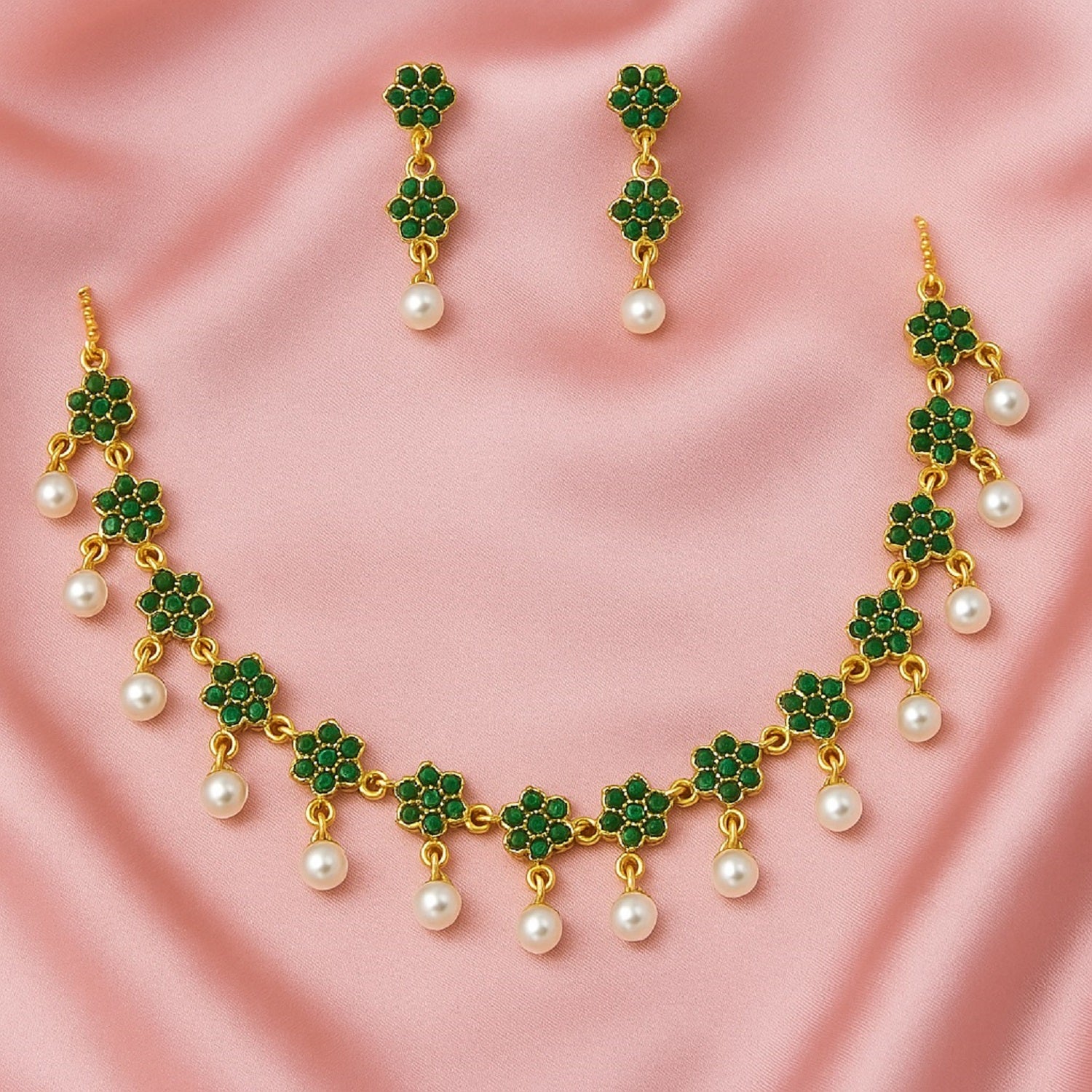 Elegant Gold-Plated Necklace with Green Stones & Pearl Drops – Wedding & Party Jewellery Set with Earrings
