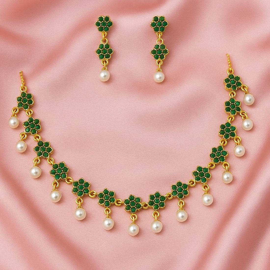 Elegant Gold-Plated Necklace with Green Stones & Pearl Drops – Wedding & Party Jewellery Set with Earrings