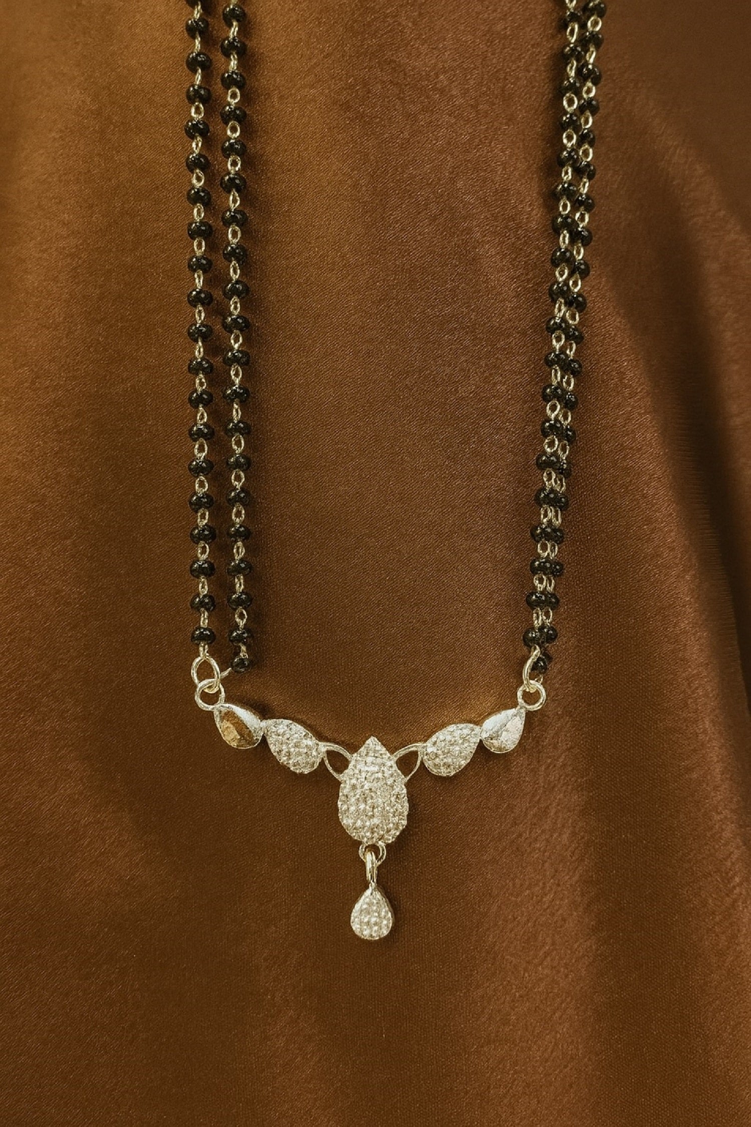 Elegant Double Chain Silver-Plated Mangalsutra with CZ Teardrop Leaf Design – Modern Daily & Festive Wear