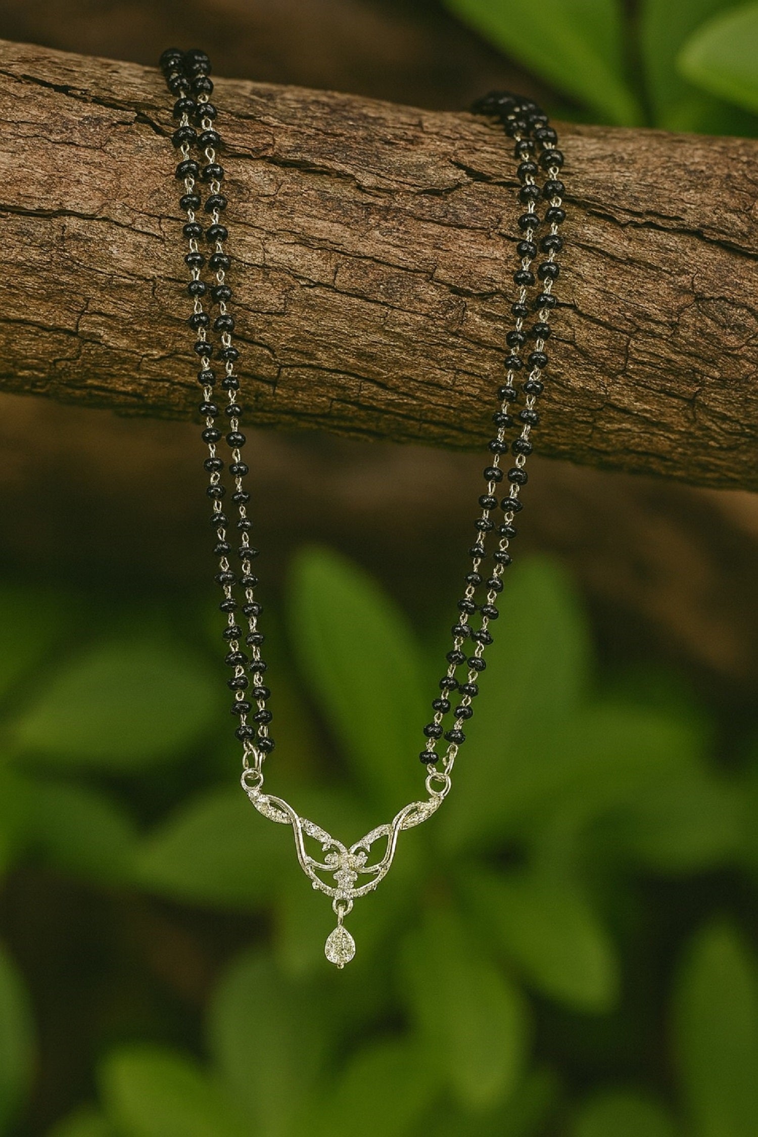 Elegant Silver Mangalsutra with Black Beads & Pendant Design
