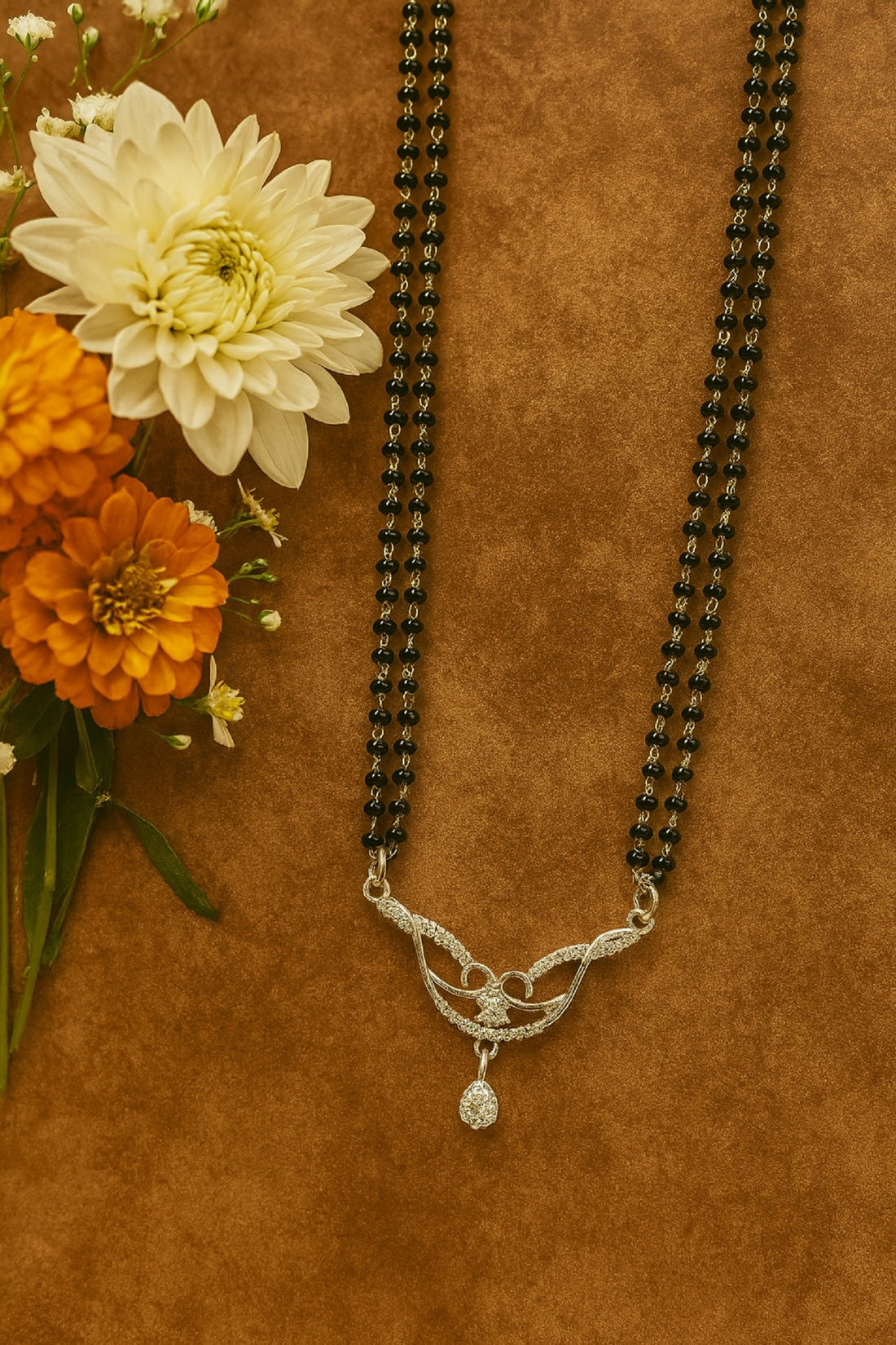Elegant Silver Mangalsutra with Black Beads & Pendant Design