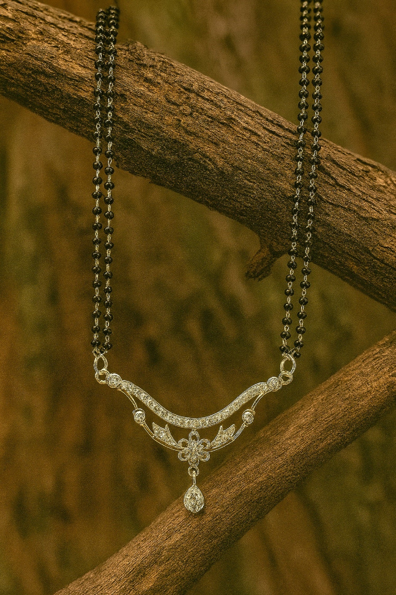 Designer Silver Pendant Mangalsutra with Black Beads