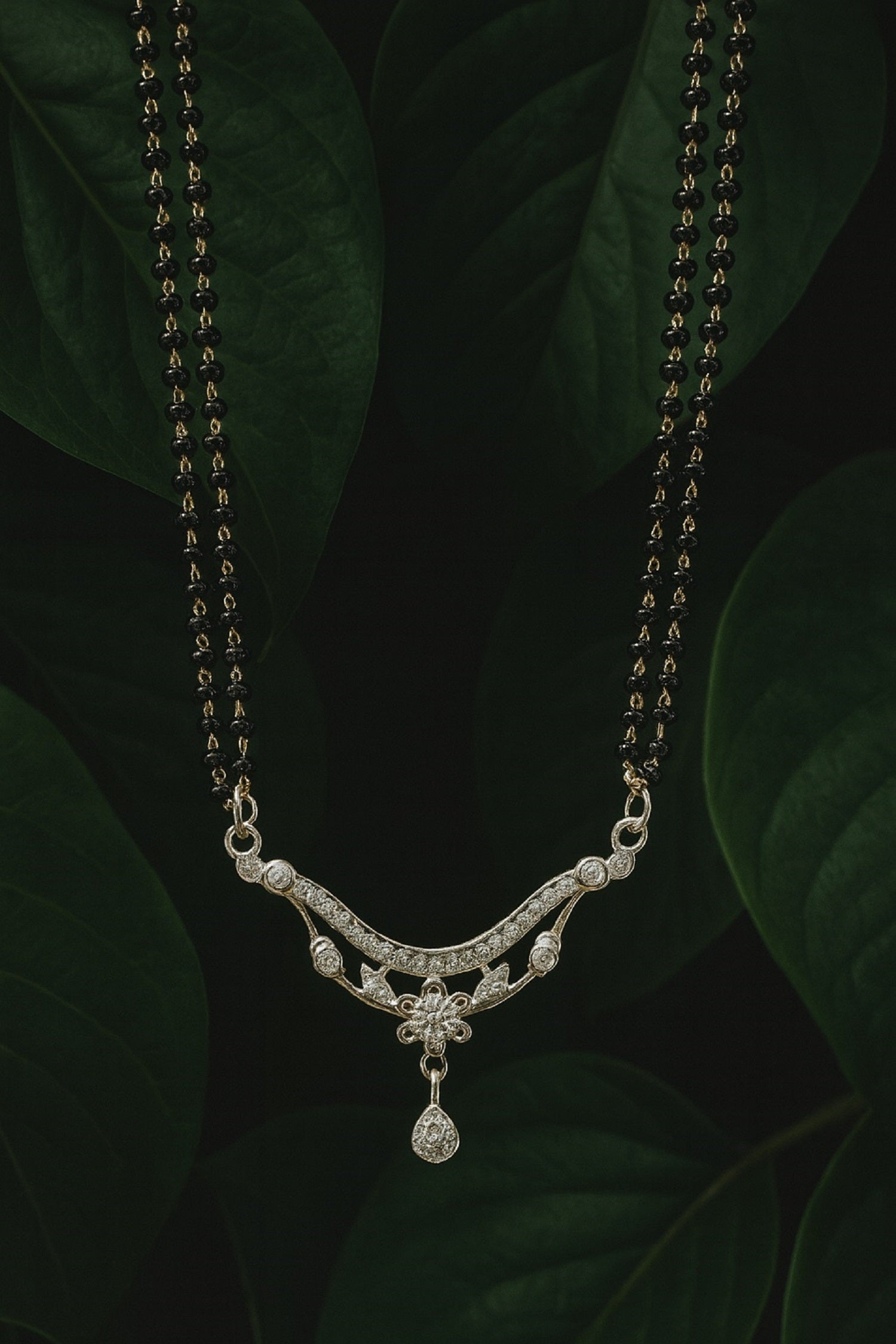 Designer Silver Pendant Mangalsutra with Black Beads