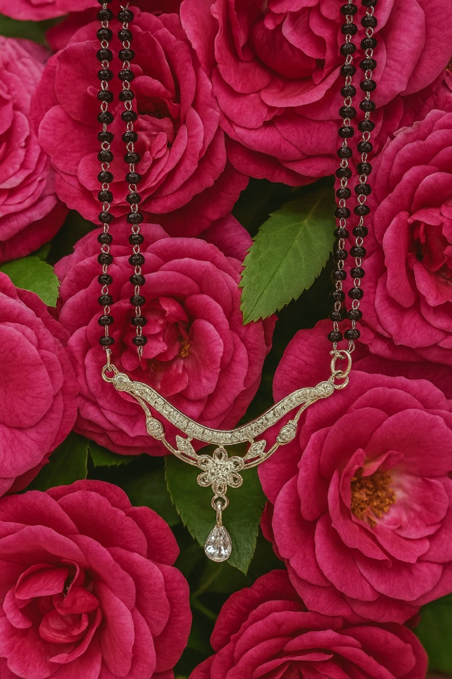 Designer Silver Pendant Mangalsutra with Black Beads