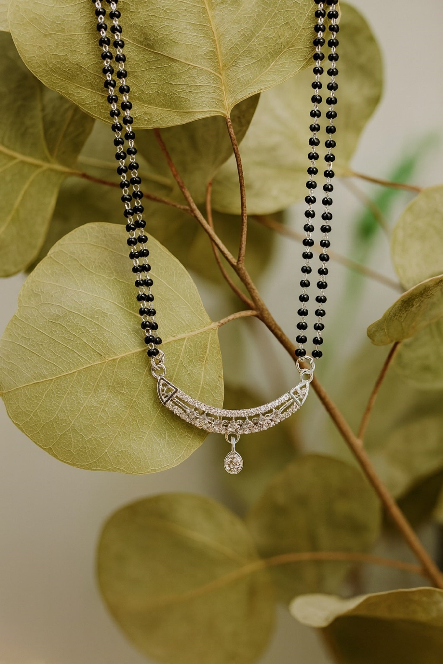 Classic Silver Pendant Mangalsutra with Black Beads