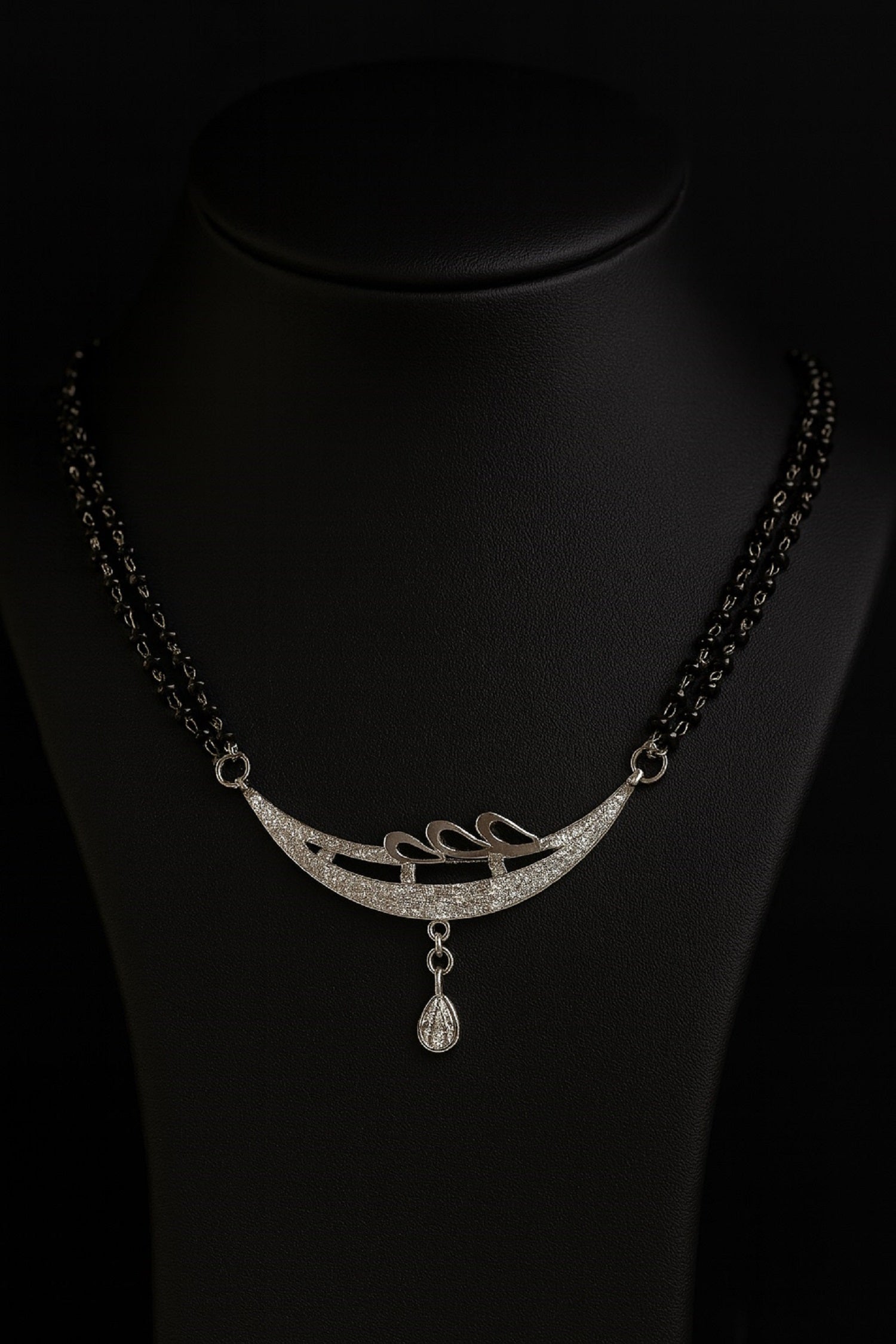 Silver-Plated Double Chain Mangalsutra with CZ Leaf Design & Ruby Drop Pendant – Elegant Daily Wear