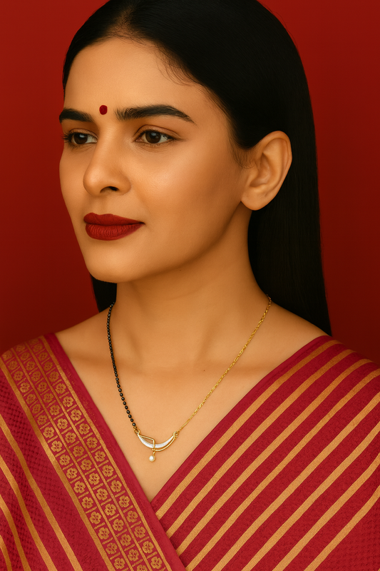 Trendy Half-Chain Mangalsutra with CZ Pendant & Black Bead Design