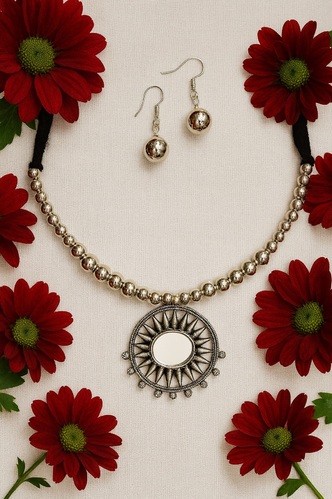 Oxidised Beaded Necklace with Sunburst Mirror Pendant & Earrings – Traditional Ethnic Jewellery Set