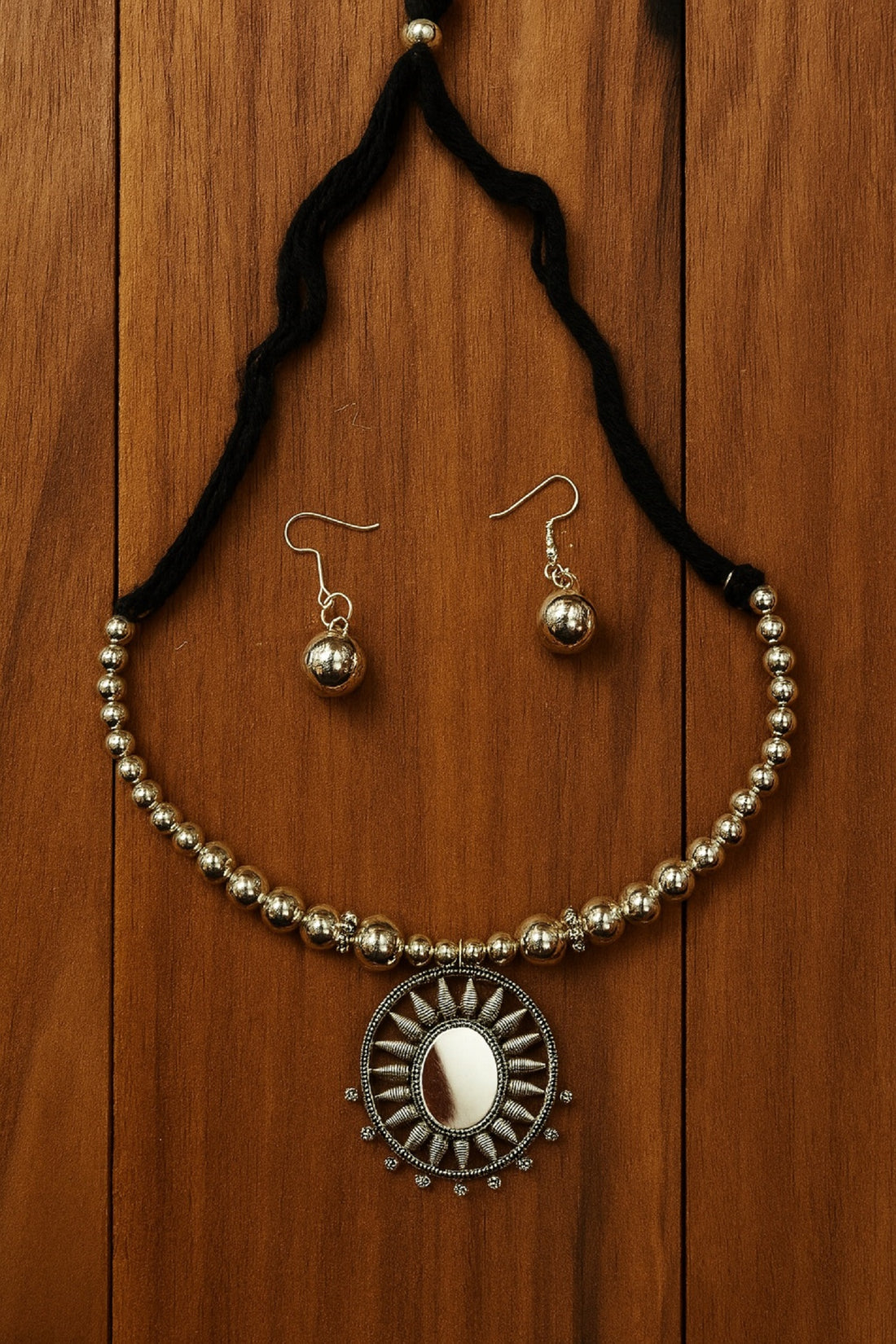 Oxidised Beaded Necklace with Sunburst Mirror Pendant & Earrings – Traditional Ethnic Jewellery Set
