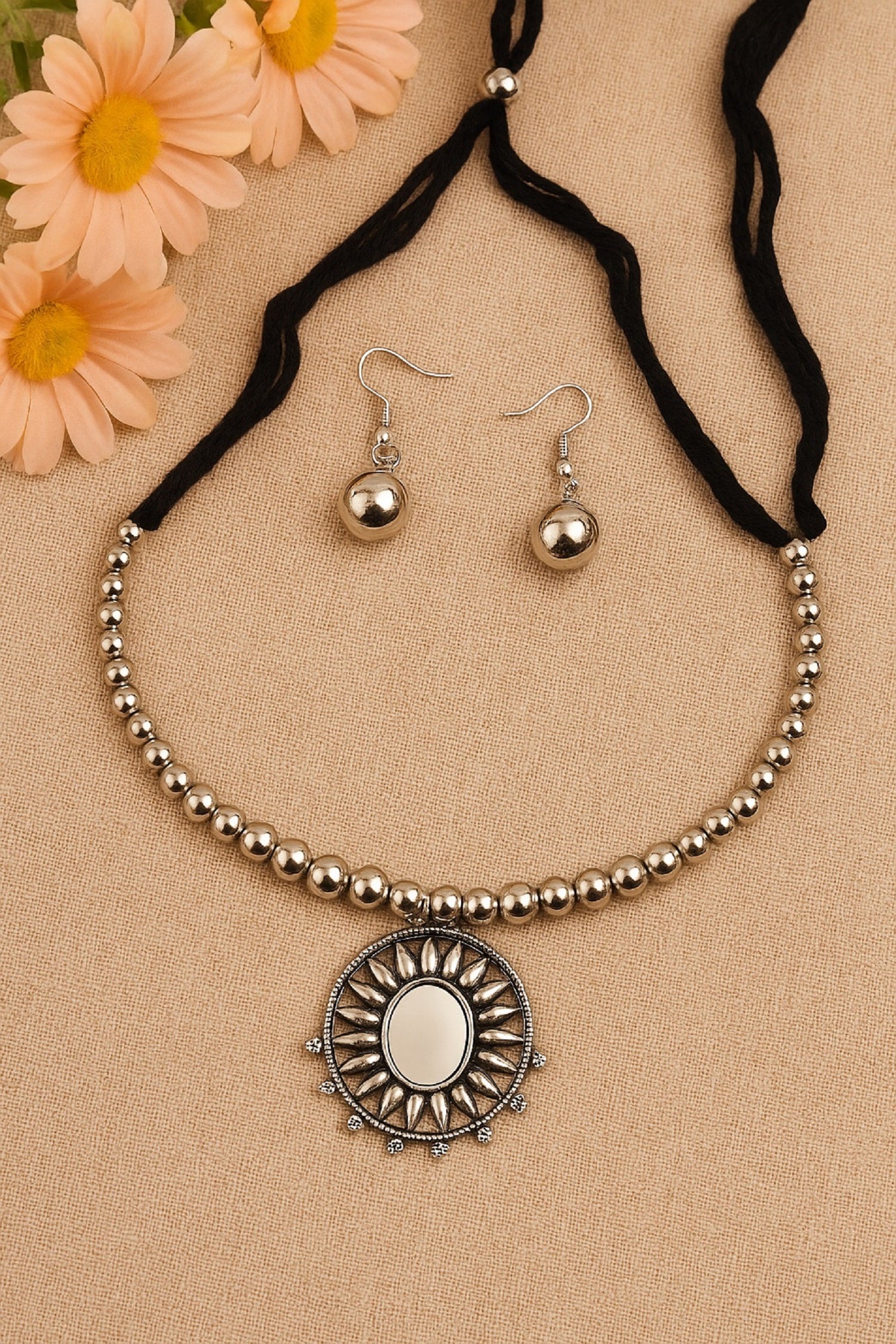 Oxidised Beaded Necklace with Sunburst Mirror Pendant & Earrings – Traditional Ethnic Jewellery Set
