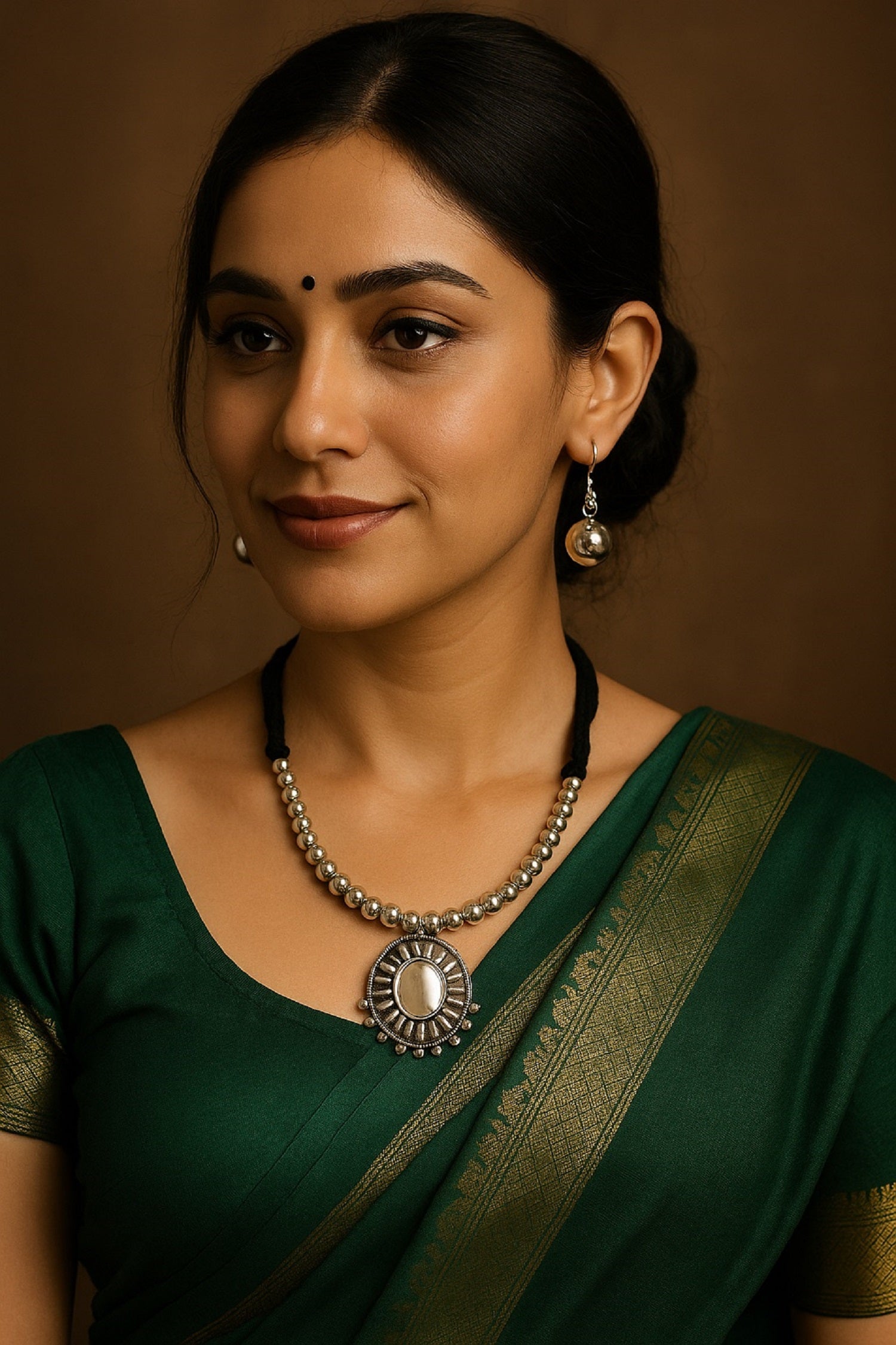 Oxidised Beaded Necklace with Sunburst Mirror Pendant & Earrings – Traditional Ethnic Jewellery Set