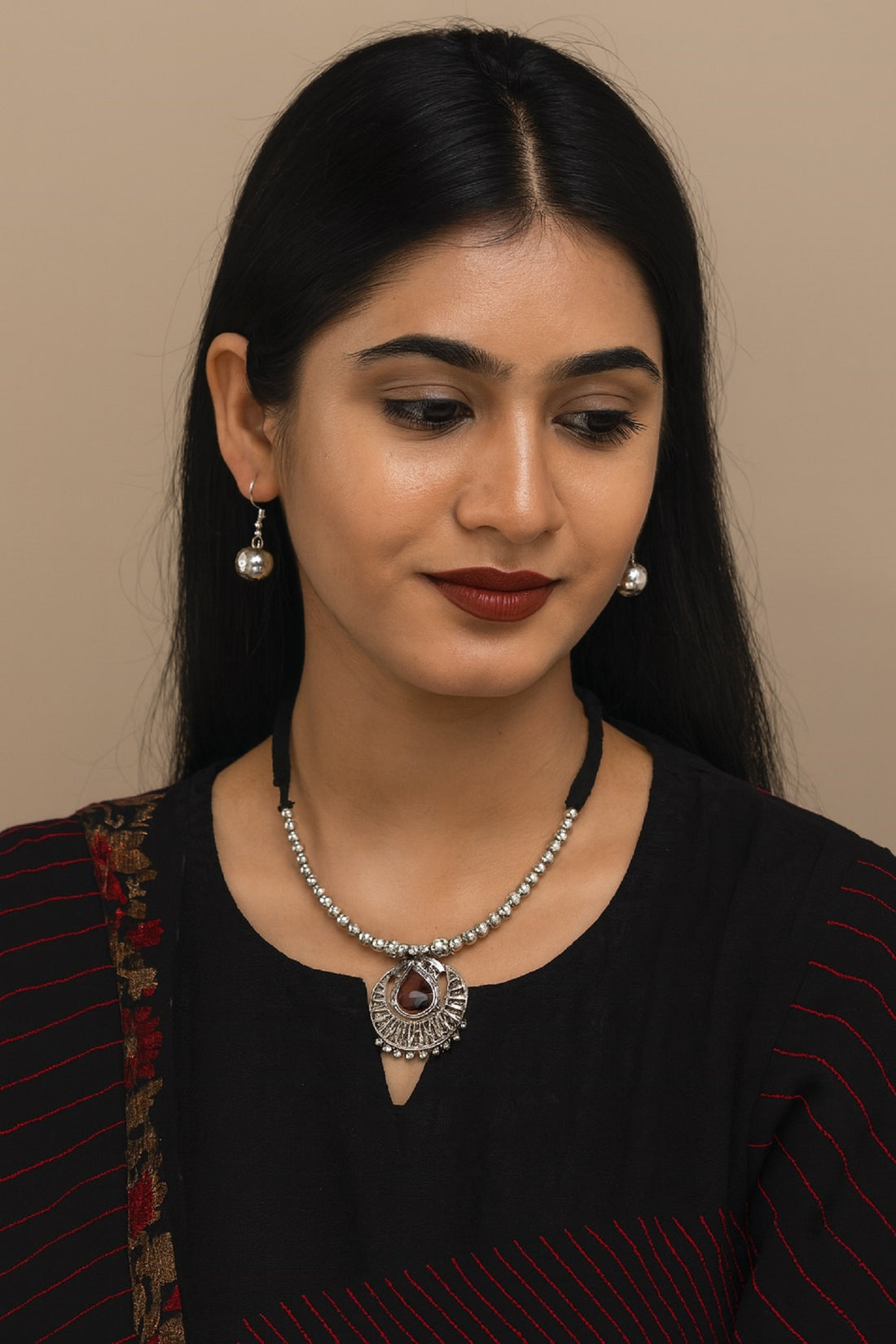 Oxidised Beaded Necklace with Round Teardrop Pendant & Matching Earrings – Traditional Ethnic Jewellery Set