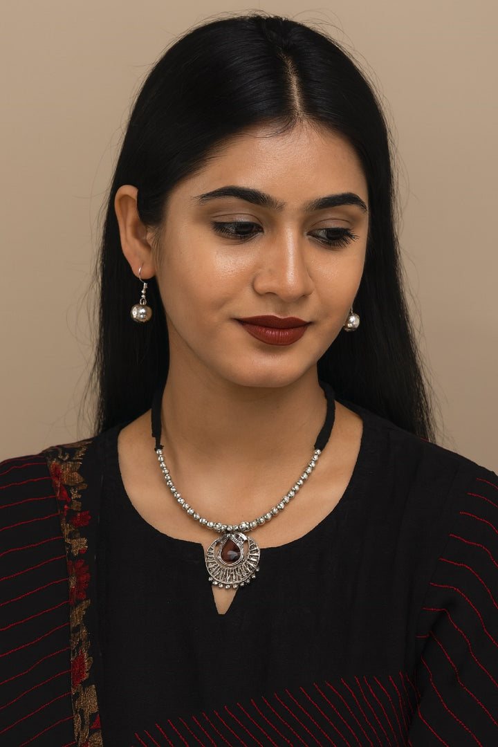 Oxidised Beaded Necklace with Round Teardrop Pendant & Matching Earrings – Traditional Ethnic Jewellery Set