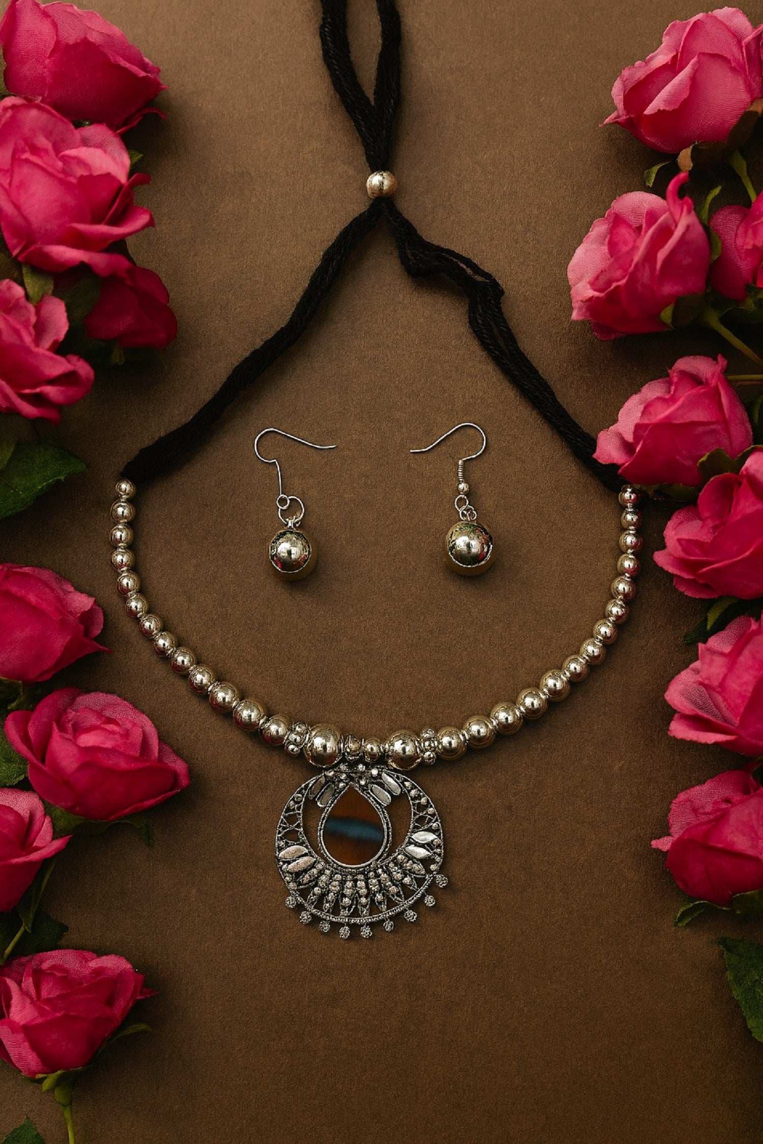 Oxidised Beaded Necklace with Round Teardrop Pendant & Matching Earrings – Traditional Ethnic Jewellery Set