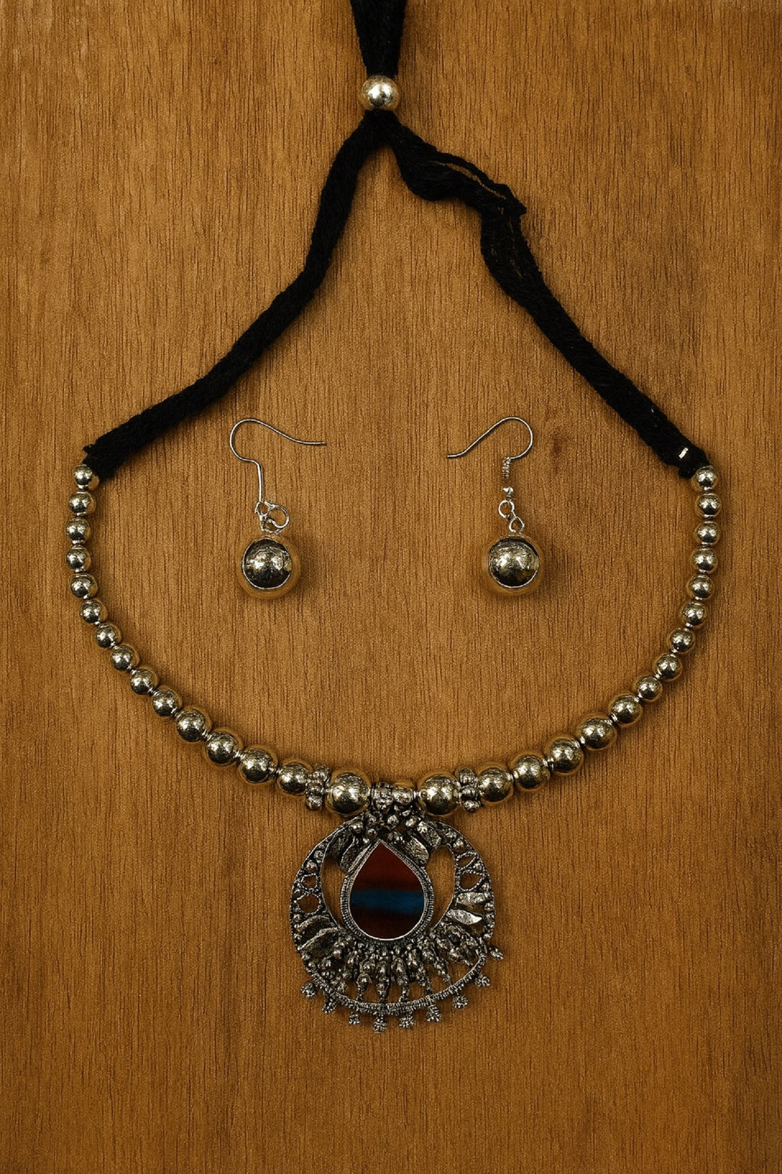 Oxidised Beaded Necklace with Round Teardrop Pendant & Matching Earrings – Traditional Ethnic Jewellery Set