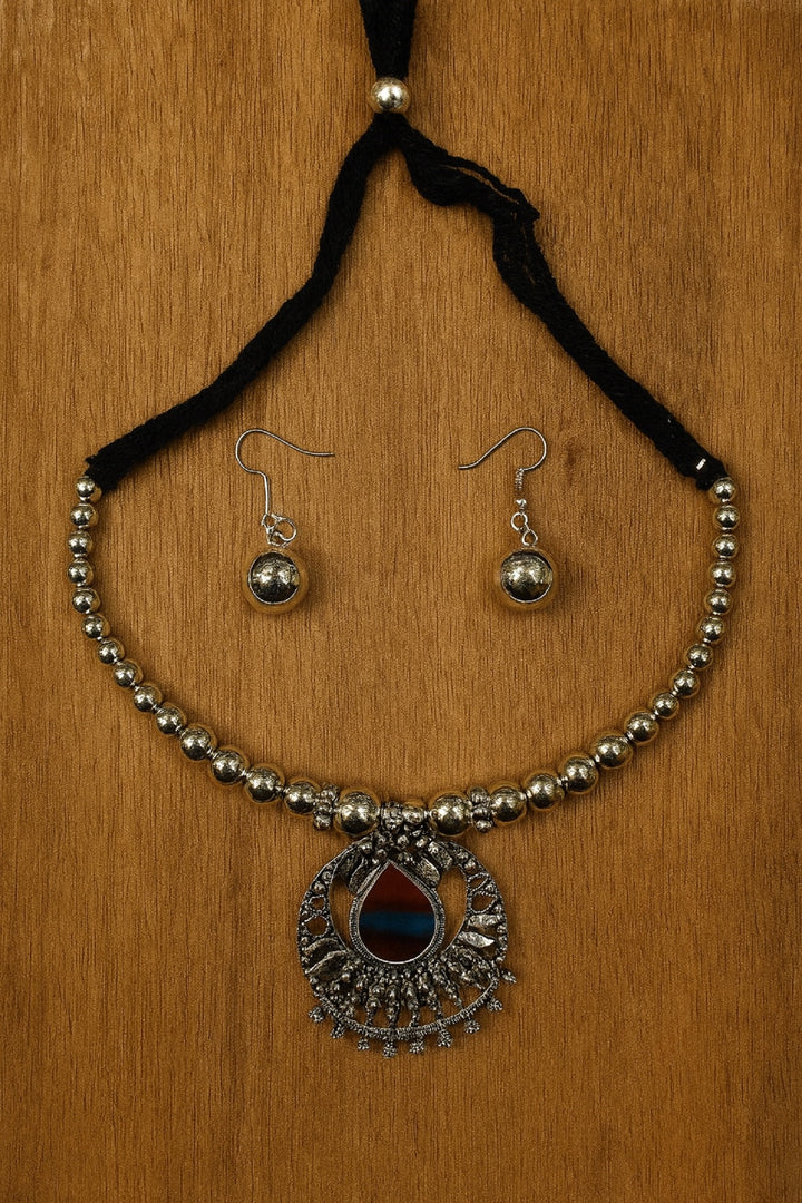 Oxidised Beaded Necklace with Round Teardrop Pendant & Matching Earrings – Traditional Ethnic Jewellery Set