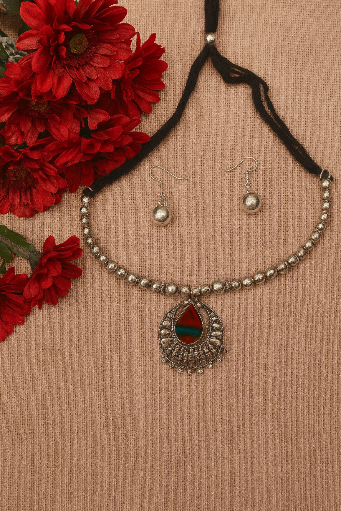Oxidised Beaded Necklace with Round Teardrop Pendant & Matching Earrings – Traditional Ethnic Jewellery Set