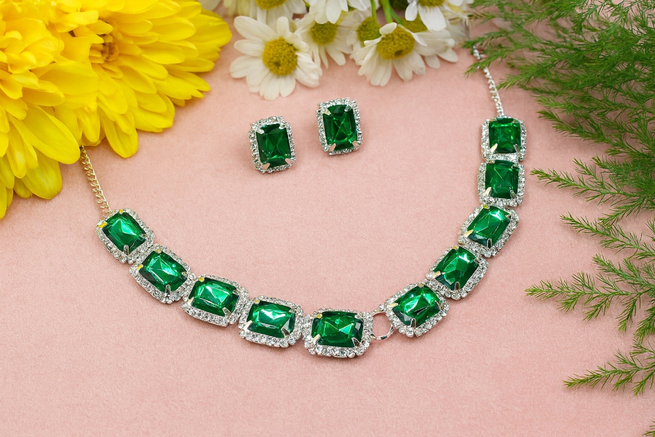 Elegant Green Stone Necklace & Earring Set with Diamond Accents