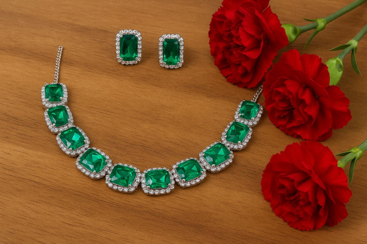Elegant Green Stone Necklace & Earring Set with Diamond Accents