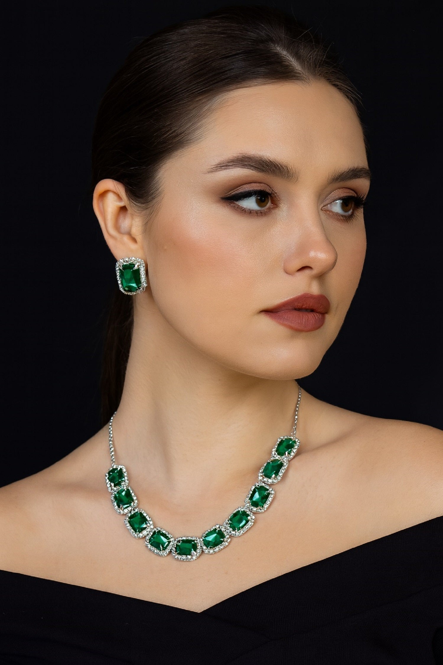 Elegant Green Stone Necklace & Earring Set with Diamond Accents