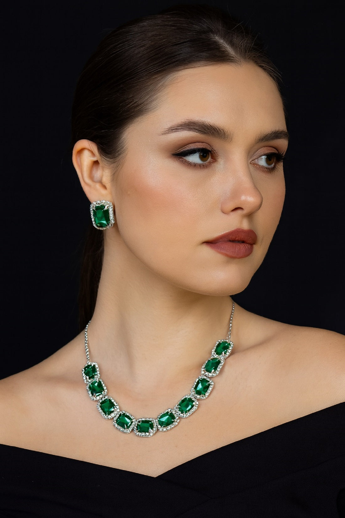 Elegant Green Stone Necklace & Earring Set with Diamond Accents