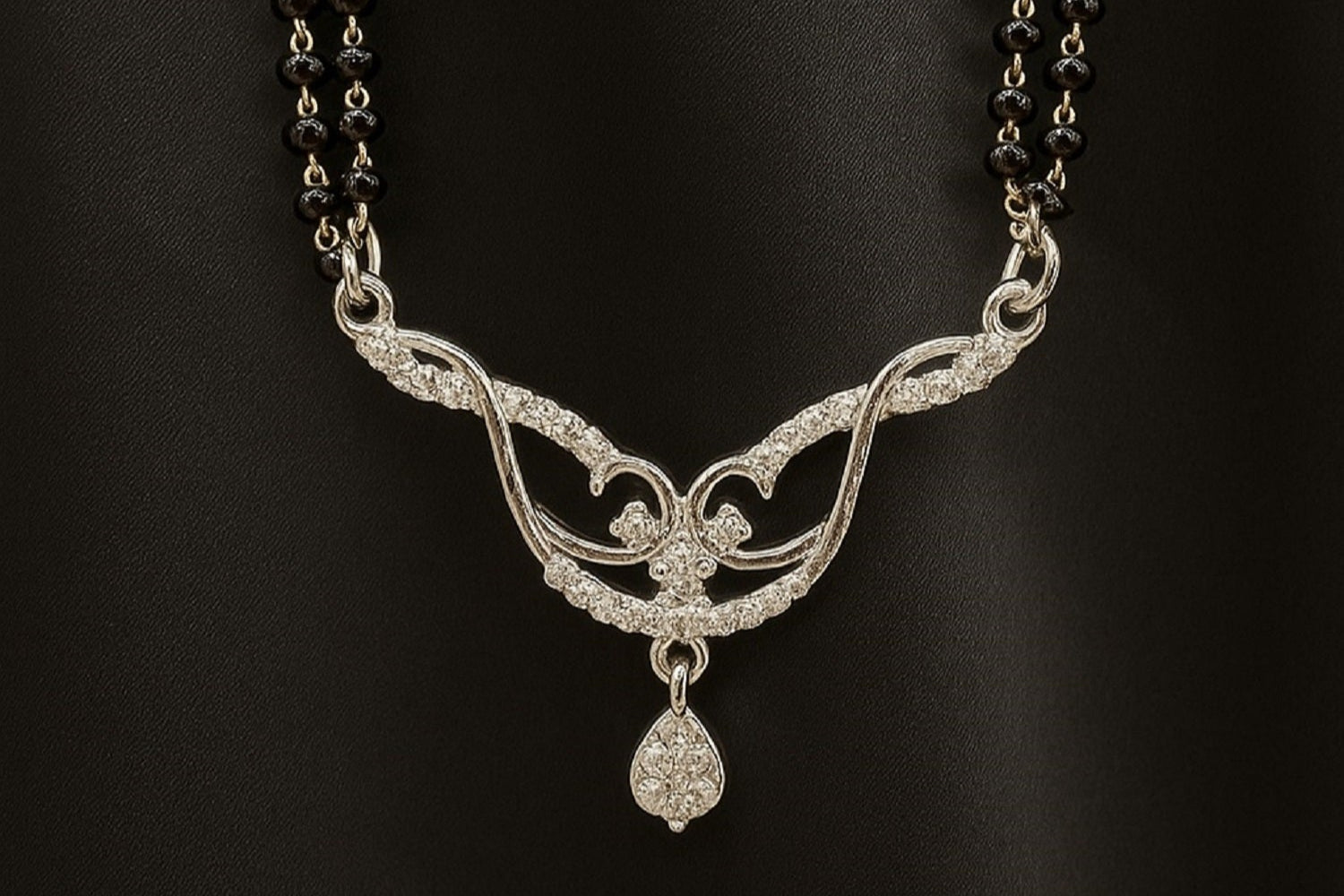 Elegant Silver Mangalsutra with Black Beads & Pendant Design