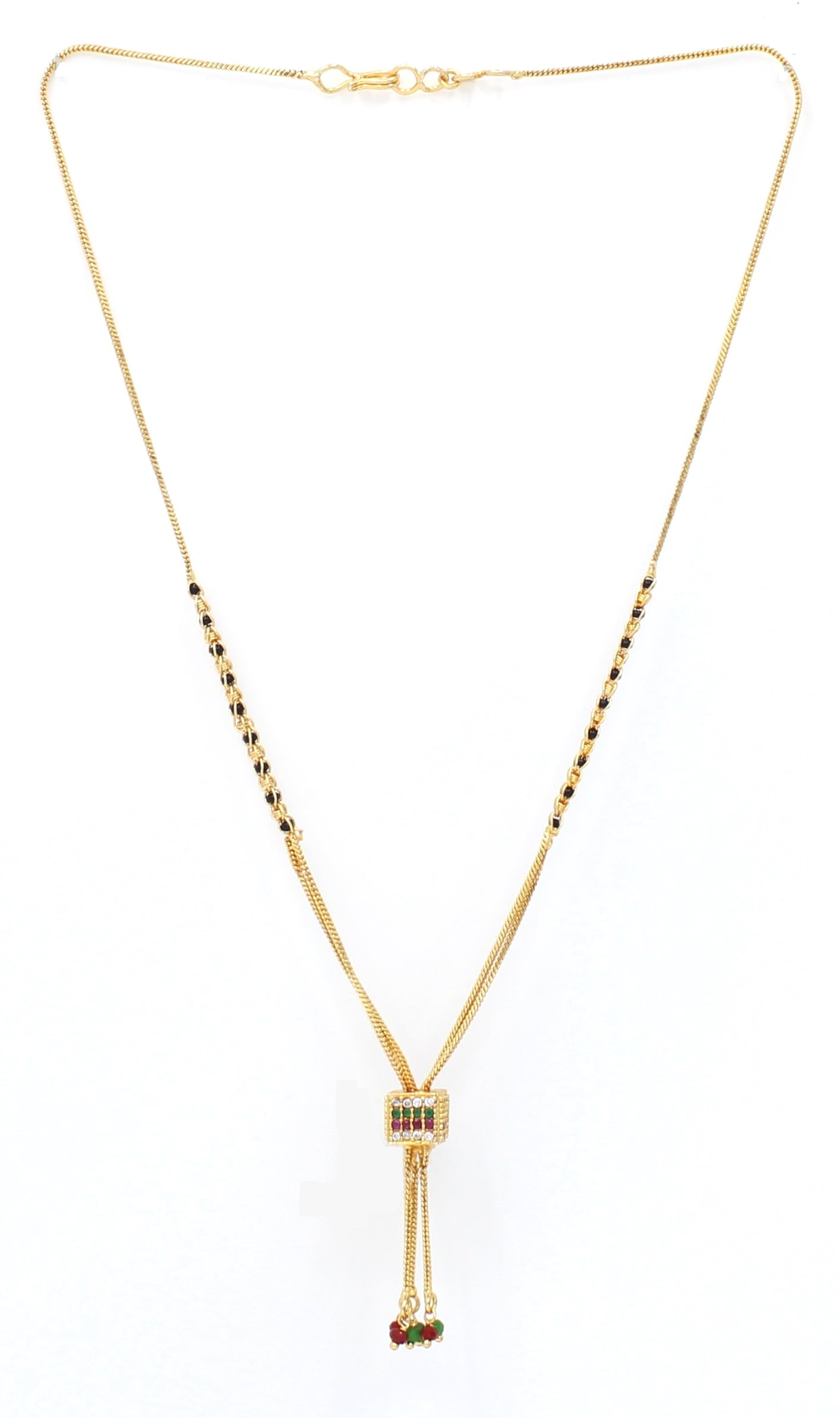 Gold-Plated Mangalsutra with Black Beads & Multicolor Stone Pendant – Elegant Daily & Festive Wear