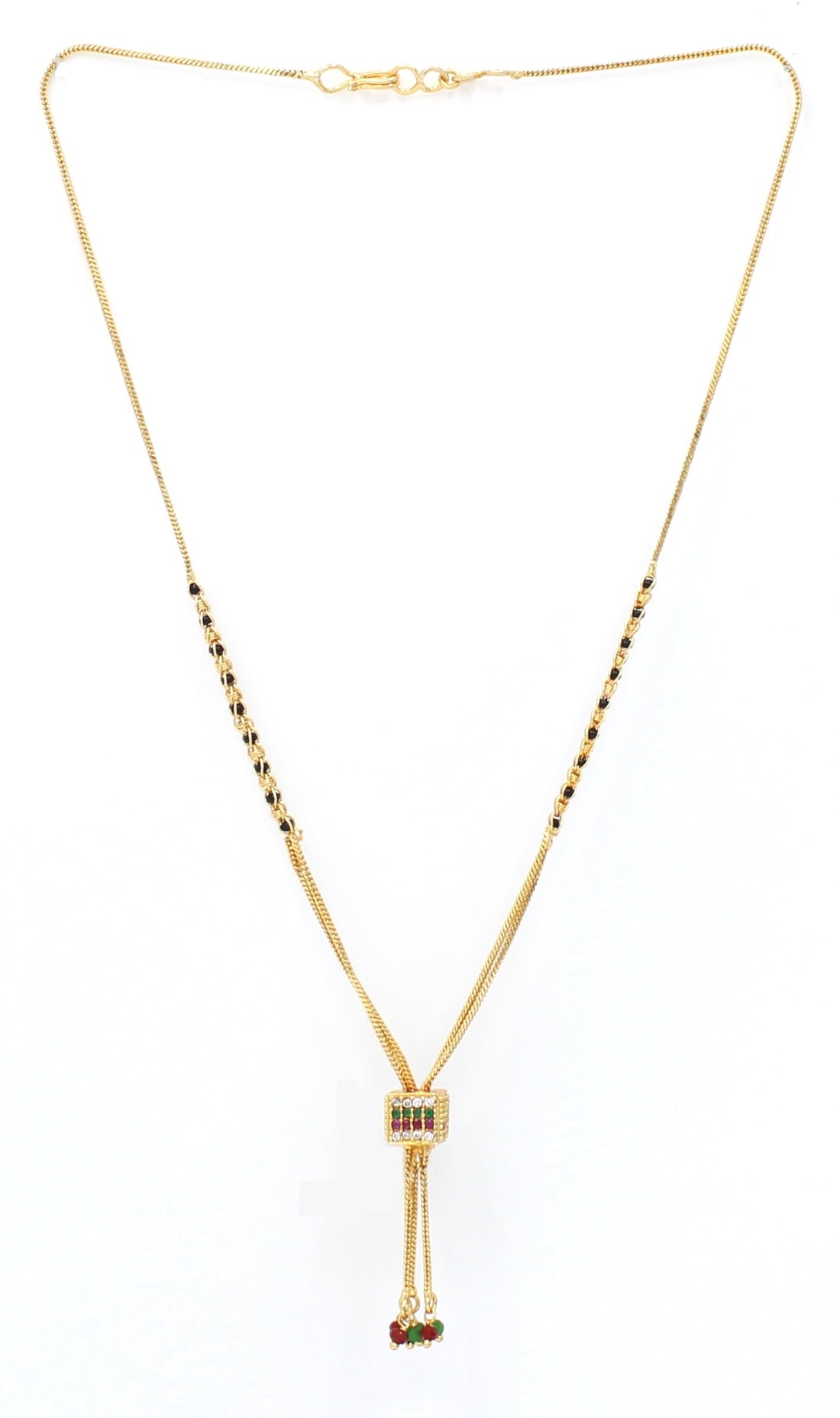 Gold-Plated Mangalsutra with Black Beads & Multicolor Stone Pendant – Elegant Daily & Festive Wear