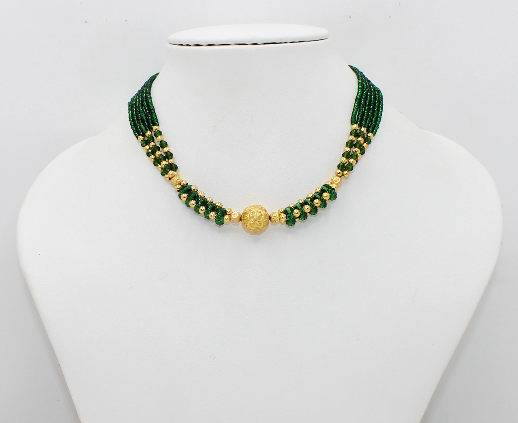 Emerald Green Beaded Choker Necklace with Gold-Plated Center Bead – Elegant Festive & Wedding Jewellery