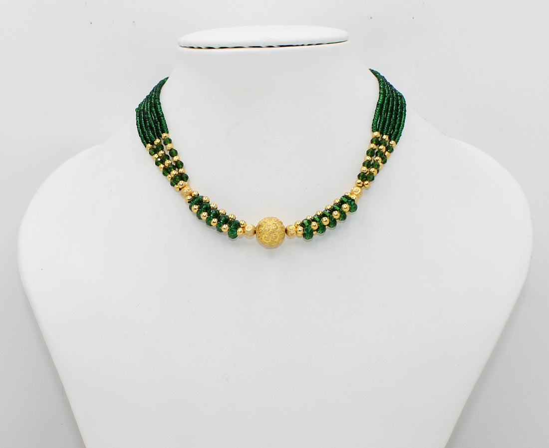 Emerald Green Beaded Choker Necklace with Gold-Plated Center Bead – Elegant Festive & Wedding Jewellery