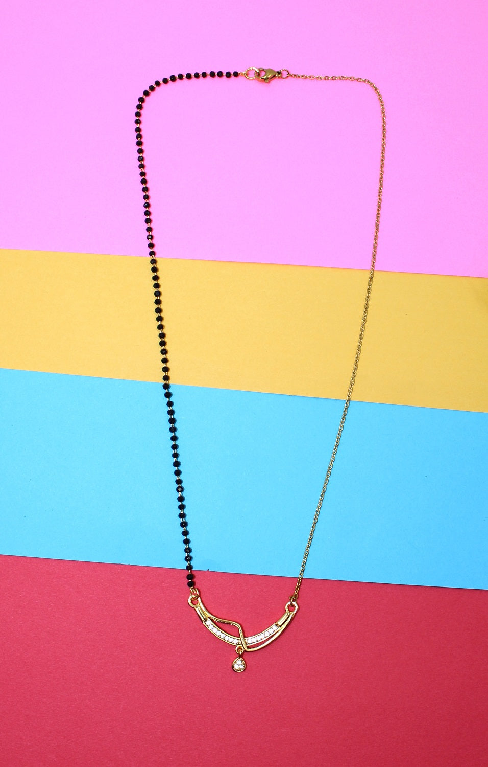 Trendy Half-Chain Mangalsutra with CZ Pendant & Black Bead Design