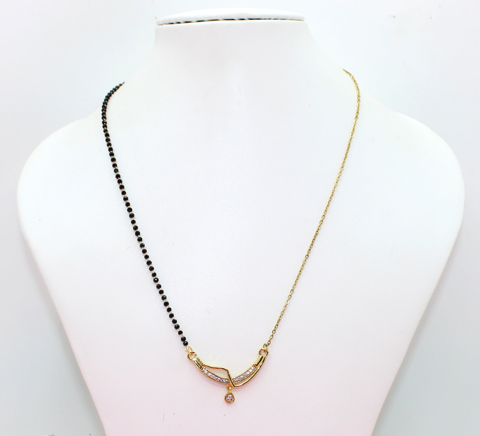 Trendy Half-Chain Mangalsutra with CZ Pendant & Black Bead Design