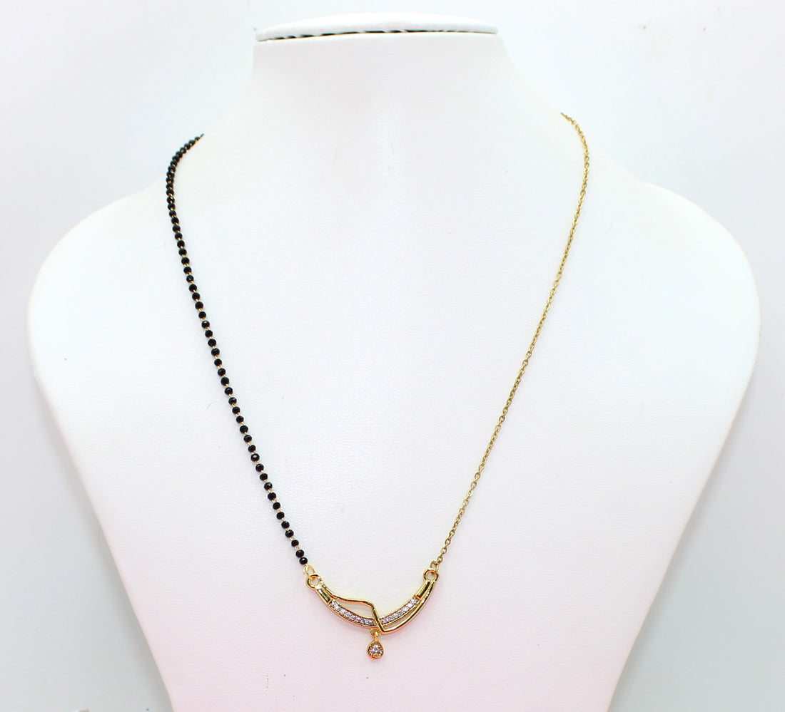 Trendy Half-Chain Mangalsutra with CZ Pendant & Black Bead Design