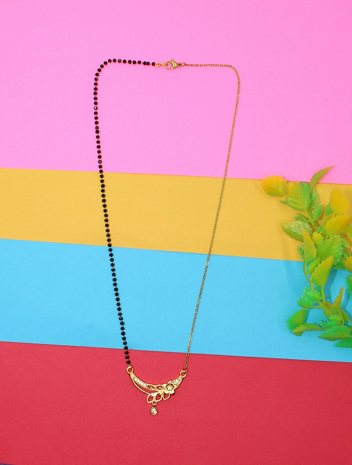 Floral Design Half-Chain Gold-Plated Mangalsutra with CZ Stones – Modern Daily Wear