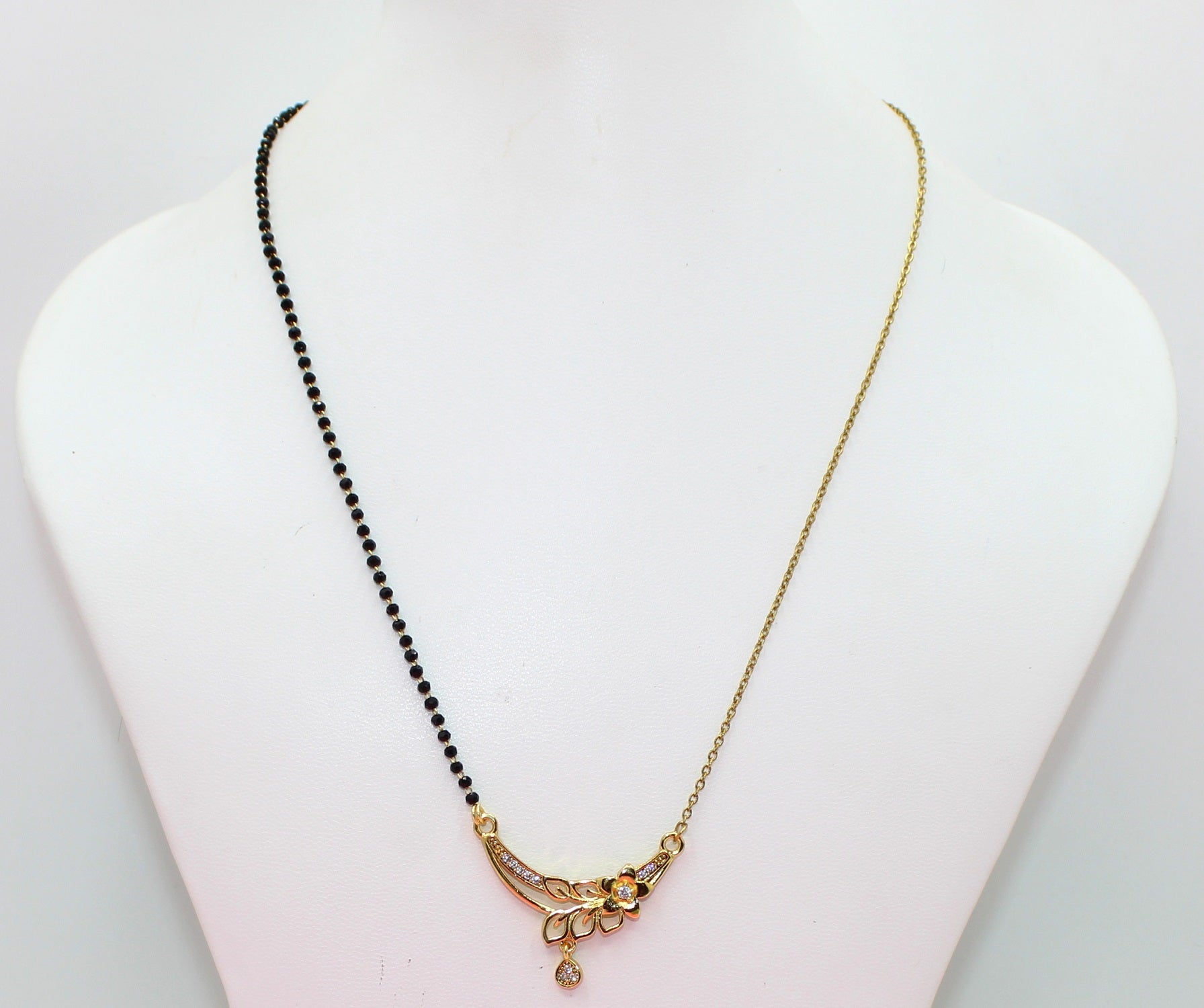 Floral Design Half-Chain Gold-Plated Mangalsutra with CZ Stones – Modern Daily Wear