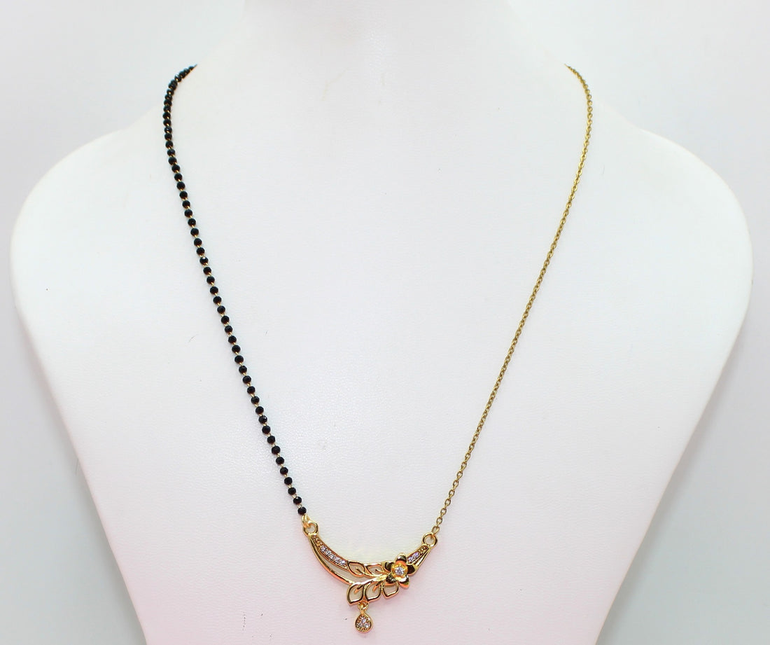 Floral Design Half-Chain Gold-Plated Mangalsutra with CZ Stones – Modern Daily Wear