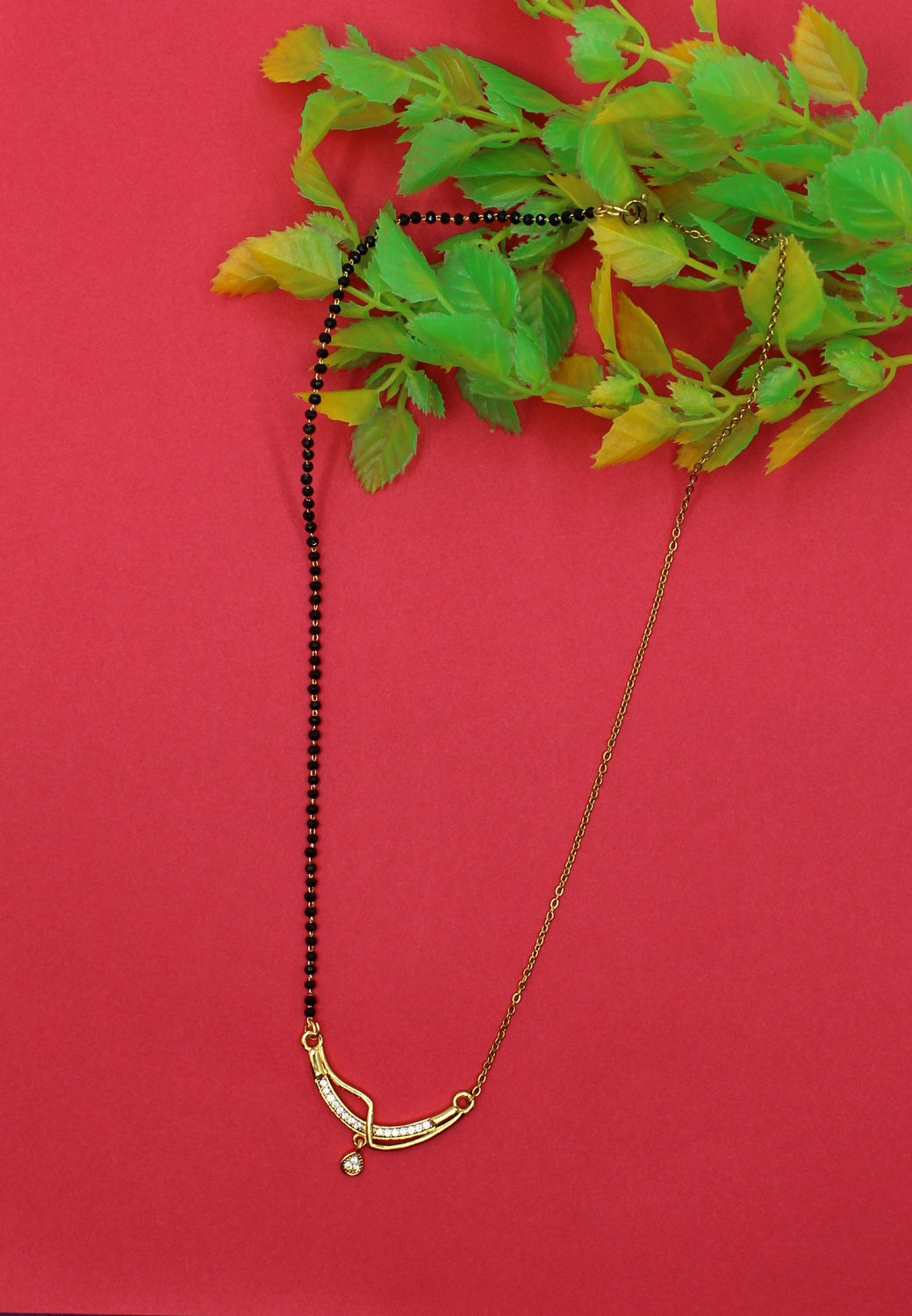 Trendy Half-Chain Mangalsutra with CZ Pendant & Black Bead Design