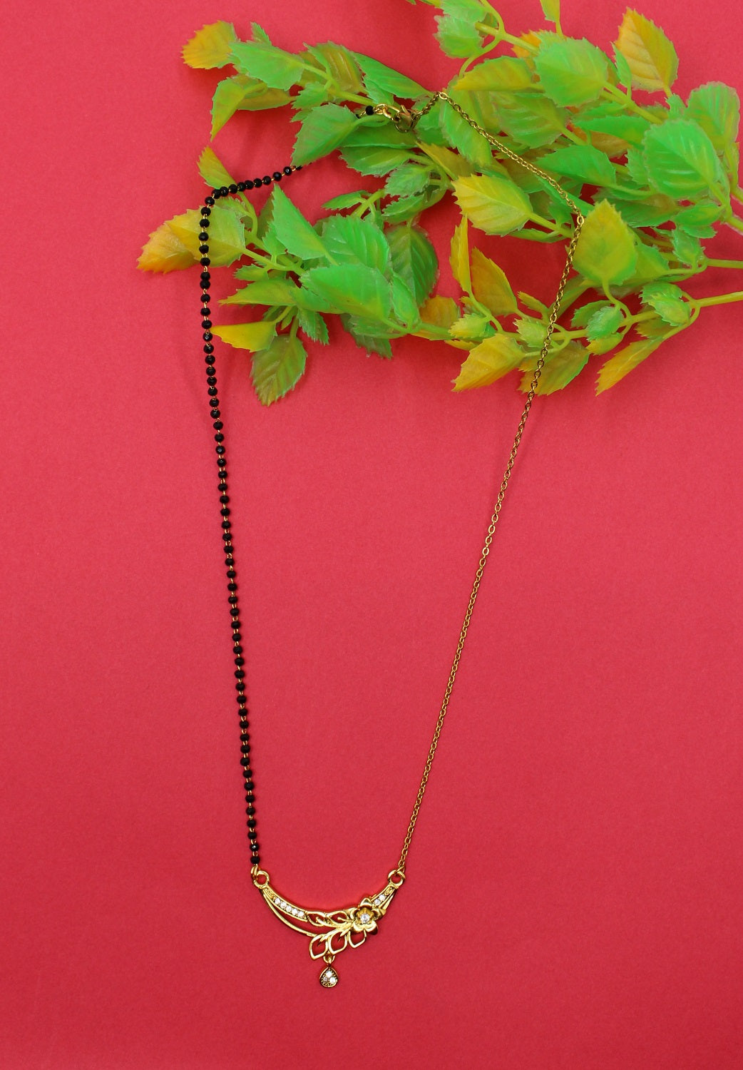 Floral Design Half-Chain Gold-Plated Mangalsutra with CZ Stones – Modern Daily Wear